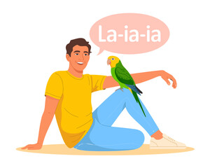 A joyful cartoon of a young man sitting with a parrot, both appearing lively and engaging, symbolizing friendship and fun in a colorful and vibrant outdoor scene.