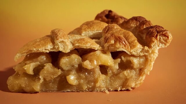 Close up side view of a delicious slice of homemade apple pie featuring a golden brown flaky pastry crust and juicy apple filling