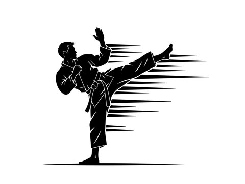 Dynamic black silhouette of a martial artist performing a powerful high kick with speed lines, illustrating motion and strength.