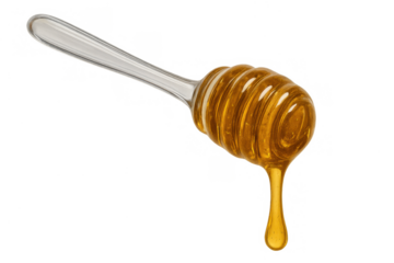 Honey dipper holding sweet golden honey dripping in a viscous stream, healthy organic food product cutout