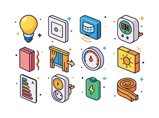 Isometric Energy-Saving Icons. Energy-saving tools. Colorful iso
