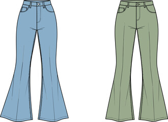 Two pairs of flared leg denim jeans one light blue one sage green pants flared leg jeans