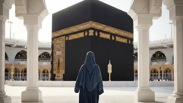 Muslim Woman Pilgrim Standing in Front of the Holy Kaaba in Masjid Al Haram