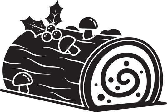 A black and white illustration of a Christmas yule log with holly and mushrooms on top.
