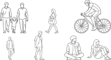 Line art illustrations of people walking cycling and sitting in various poses vector