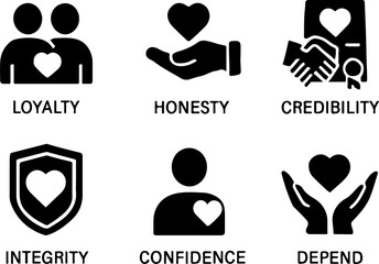 Trust Solid Glyph Icon Set – Loyalty, Honesty, Reliability, Credibility, Integrity & Confidence