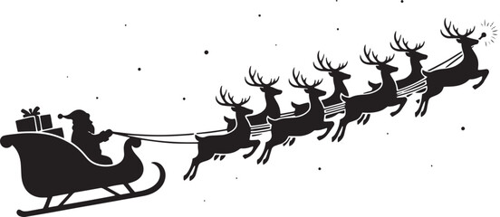 A black and white illustration of Santa Claus in his sleigh with reindeer, flying through the sky with a starry background.