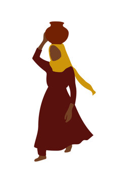 An Indian woman carrying a water pot on her head, reflecting strength, tradition, and resilience.
