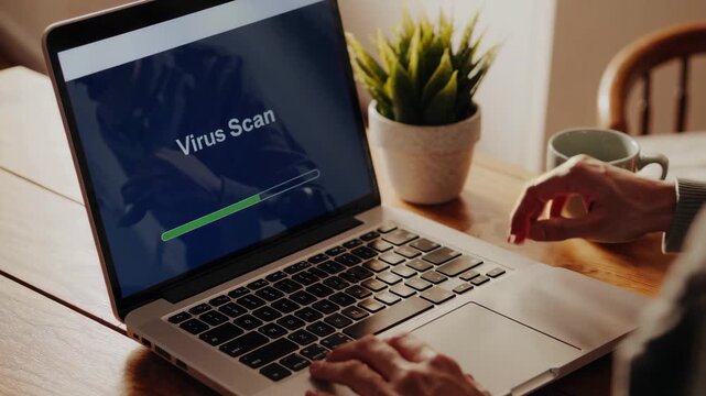 Person Running Antivirus Scan on Laptop at Home
