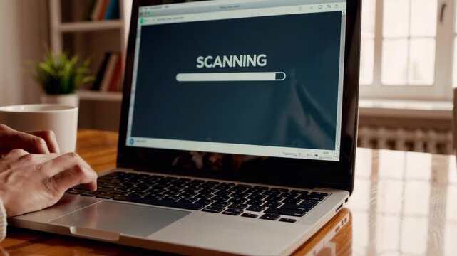 Person Running Antivirus Scan on Laptop at Home