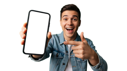 Man shows blank white smartphone screen to camera with excited expression on transparent Photoroom background