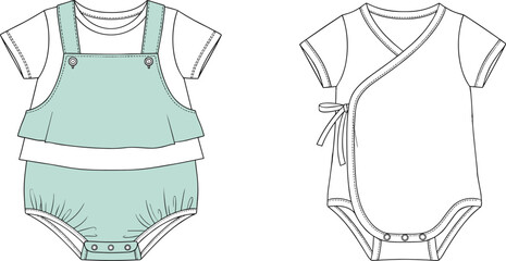 Baby romper with ruffled shorts and bodysuit fashion flat sketch with mint green accents