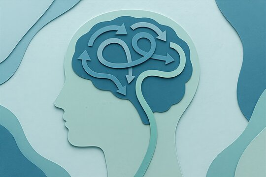 Conceptual representation of cognitive flexibility, mental pathways, and creative thought processes visualized through layered paper art in calming blue tones conveying innovation and emotional