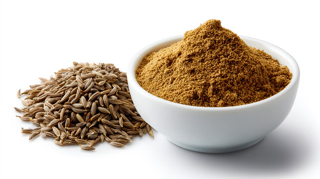 Cumin powder in a white bowl on the right side
