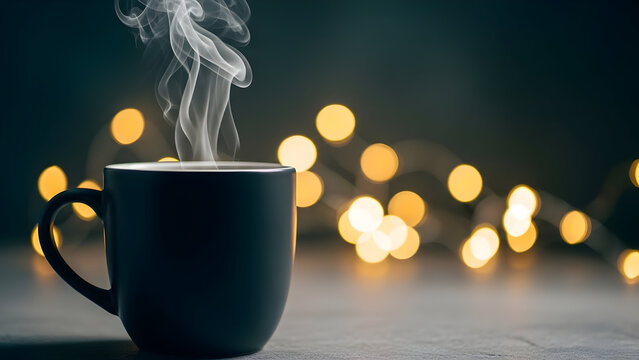 Enjoy a serene moment with a steaming cup, as warm lights dance in the background, creating a cozy and inviting atmosphere that is so calming now.