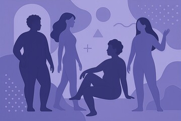 Four female silhouettes in purple tones engaging in a collective moment of empowerment and expression within abstract shapes and patterns symbolizing unity and diversity in body representation