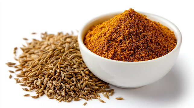 Cumin powder in a white bowl on the right side
