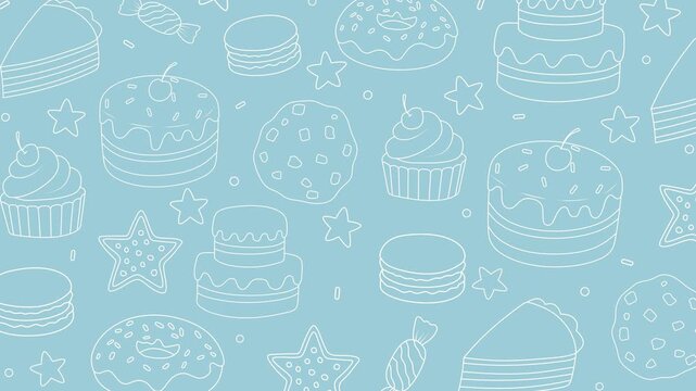 Animated background featuring hand-drawn pastries: cakes, croissants, donuts, muffins, cookies, and sweets. Suitable for video ads for sweets, cafes, and pastry shops.