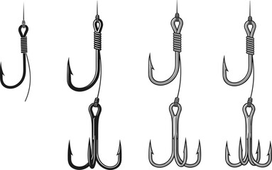 Fishing hook evolution, single to quadruple hook, tackle gear icon, monochrome vector, knot detail, angling equipment, bait setup illustration