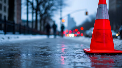 Navigating winter's icy grip: A vibrant orange cone stands guard on a slick city street, urging caution amidst the seasonal challenge and potential hazards.