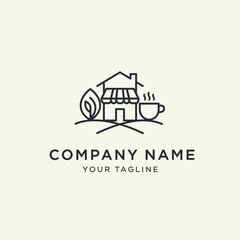 Minimalist cafe logo design with house and coffee cup.