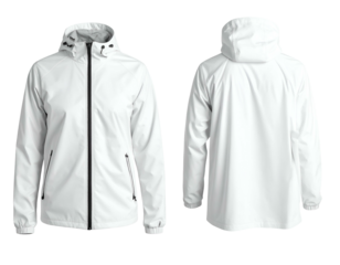 Front and back views of a plain white hooded windbreaker jacket
