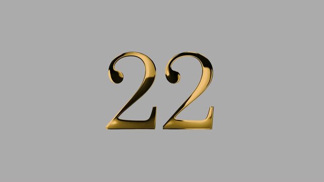 Gold number 22 with gold particle and transparent background, number twenty two
