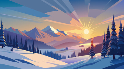 Serene winter sunrise over snowy peaks