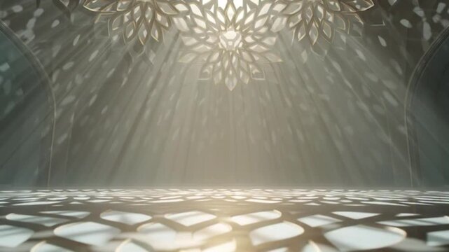 Arabesque geometric background with soft light beams passing through Islamic patterns
