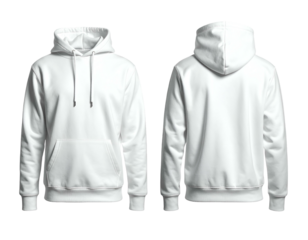 Front and back views of a plain white hooded sweatshirt (2)