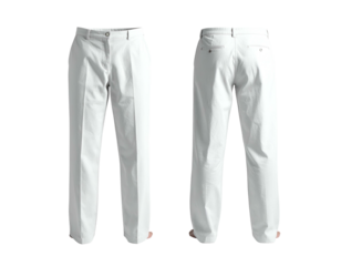 White pleated trousers from front and back, clean and classic