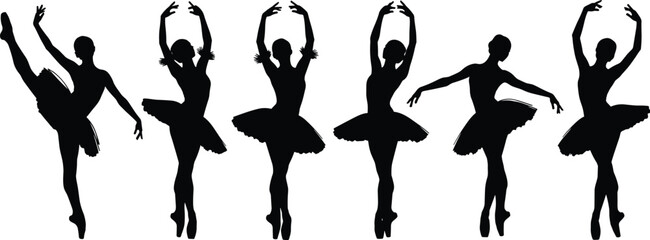Ballet dancer silhouettes, classical ballet poses, elegant tutu costumes, dance movement art, graceful posture, white background, artistic performance, dance education