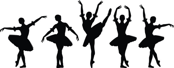 Ballet dancer silhouettes, elegant tutu poses, classical dance positions, graceful movement, white background, artistic form, dance technique, posture reference