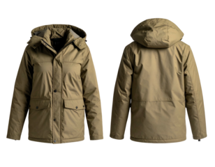 Tan hooded winter parka, front and back views