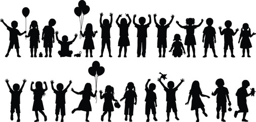 Children silhouette poses, playful activities, black kid icons, toy interaction, balloon holding, white background, childhood joy, gesture reference, posture chart