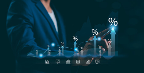 Businessman showing percentage graph, rate increases, Mortgage interest rate growth. Retirement, compensation fund, investment, dividend tax, stock market. representing business growth.