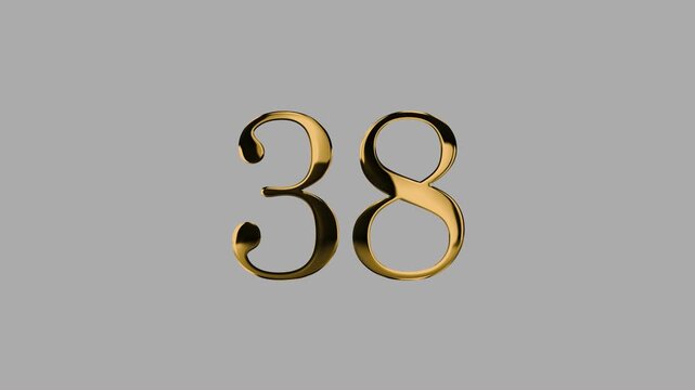 Gold number 38 with a gold particle and a transparent background, number thirty-eight