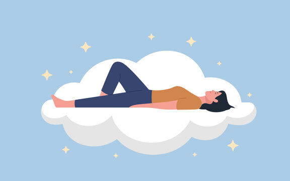 A peaceful illustration shows a woman reclining on a fluffy cloud against a light blue sky, radiating feelings of relaxation and serenity amidst dreamy surroundings.