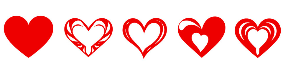 Hearts of Expression: A vibrant collection of five stylized red hearts, each with a unique design, symbolizing the diverse facets of affection and emotion, celebrating the beauty of love.
