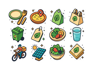 Sustainable Dining Icons. Sustainable dining. Colorful isometric