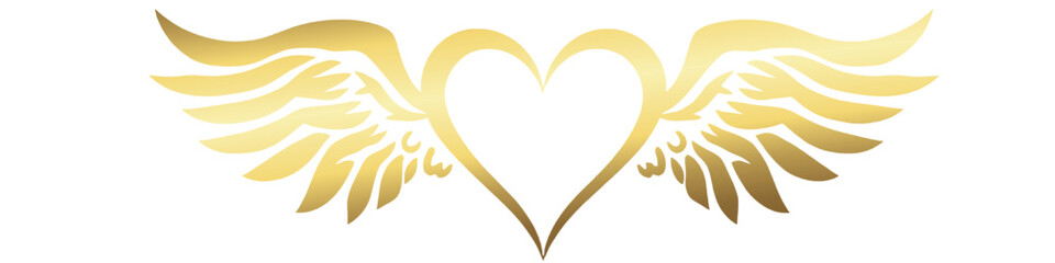 Golden Wings of Love: A radiant gold emblem featuring two stylized wings forming a heart, symbolizing the beauty of love and freedom.