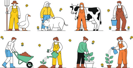 Farmers and gardeners working with animals and plants illustration set showing agriculture, livestock care, planting, and rural lifestyle activities © MstSufia