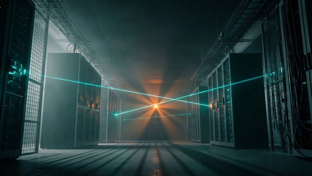 Server room with glowing blue laser beams and orange light emanating from the end