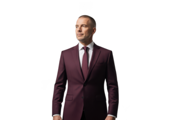 Confident businessman in burgundy suit standing against transparent background, looking forward with determination and professionalism.