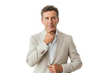 Confident businessman in beige suit thinking or questioning with a thoughtful expression on his face.