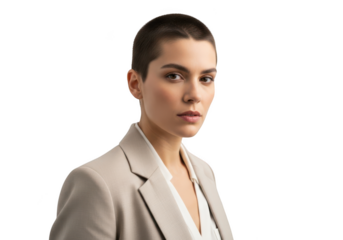 Confident young businesswoman in beige blazer and white shirt against transparent background, looking professional and determined.