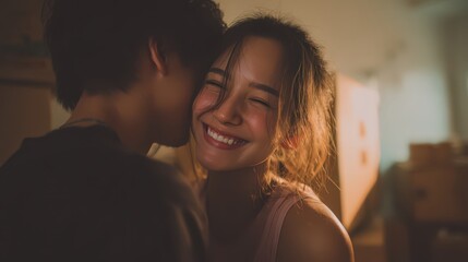 A joyful young Asian couple dances closely in their living room among unpacked cardboard boxes on moving day. They share a moment of happiness as they