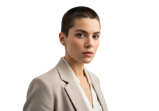 Confident young businesswoman in beige blazer and white shirt against transparent background, looking professional and determined. - Powered by Adobe