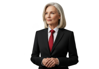 Confident mature businesswoman in transparent suit and red tie standing against transparent background with hands clasped.