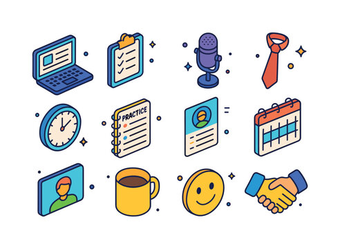 Interview Prep Icons. Interview preparation. Colorful isometric